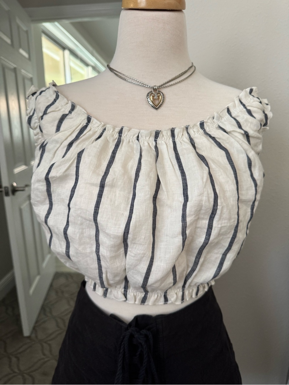 Suboo Striped White & Gray Cropped Off-Shoulder Top